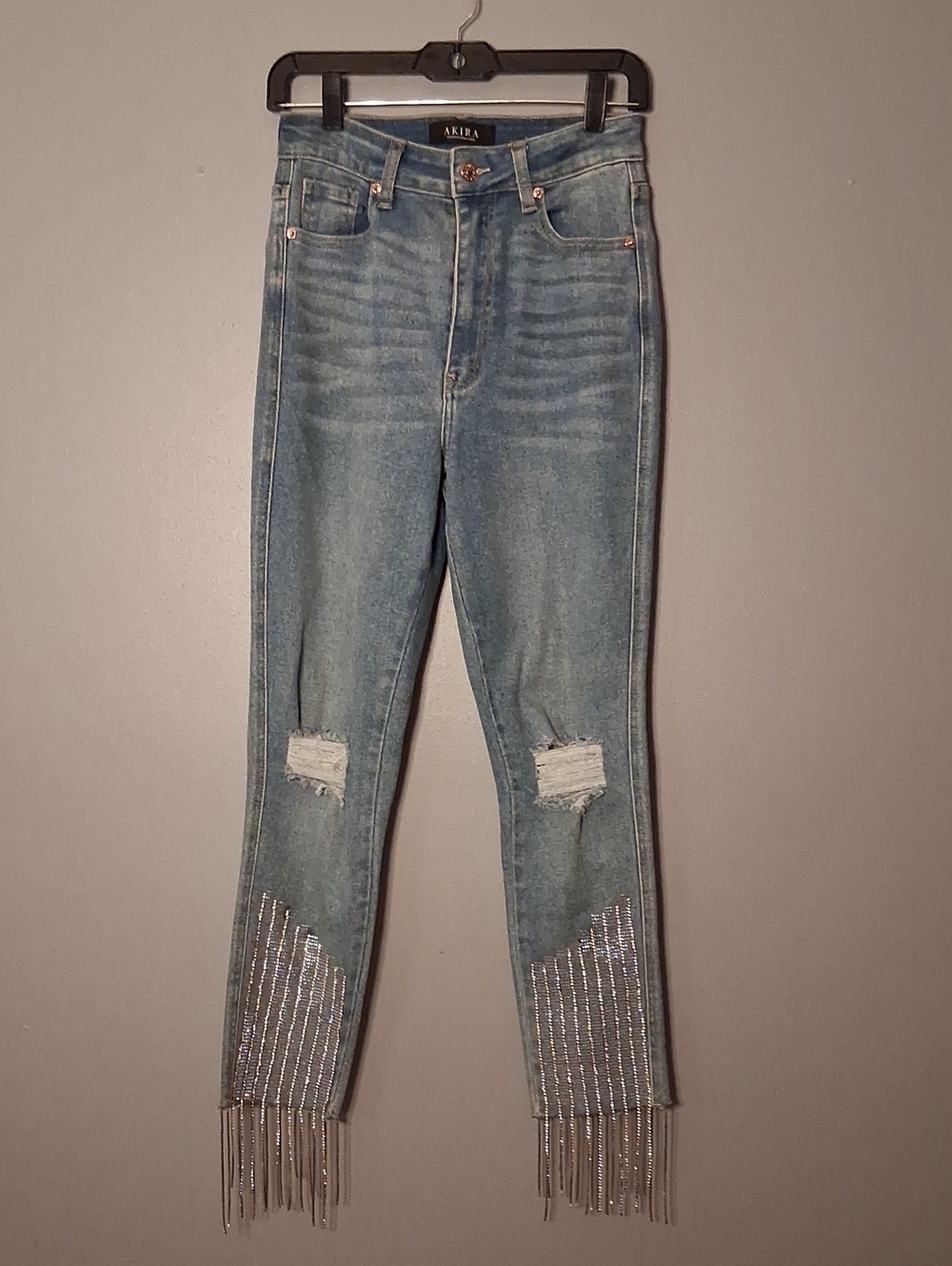 AKIRA Light Wash Skinny Jeans with Beaded Fringe Sz. S Denim
